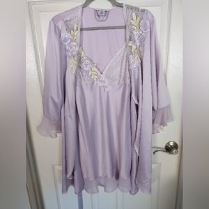 Linea Donatella Lilac Floral Lace Slip & Robe Set